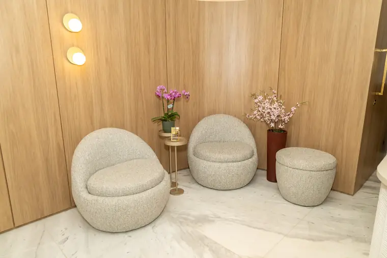 Sala de espera do consultório da Dra. Juliana Schiavini, com poltronas, luz suave e plantas